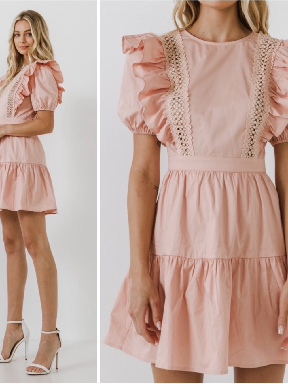 English Factory Lace Inserted Mini Dress with Puff Sleeves S